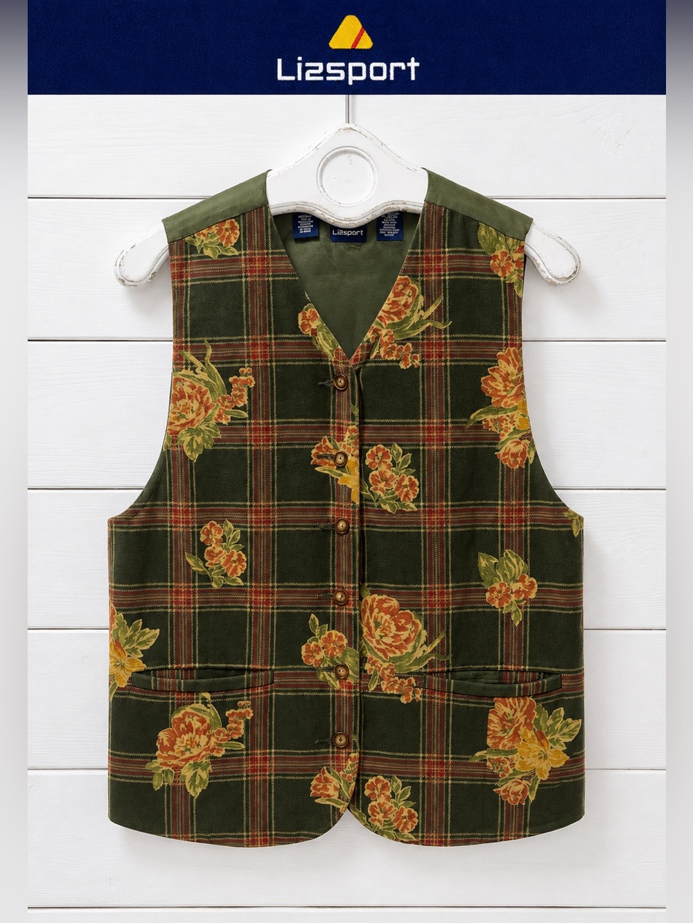 Lizsport Floral Plaid Velvet Vest – Size L vintage